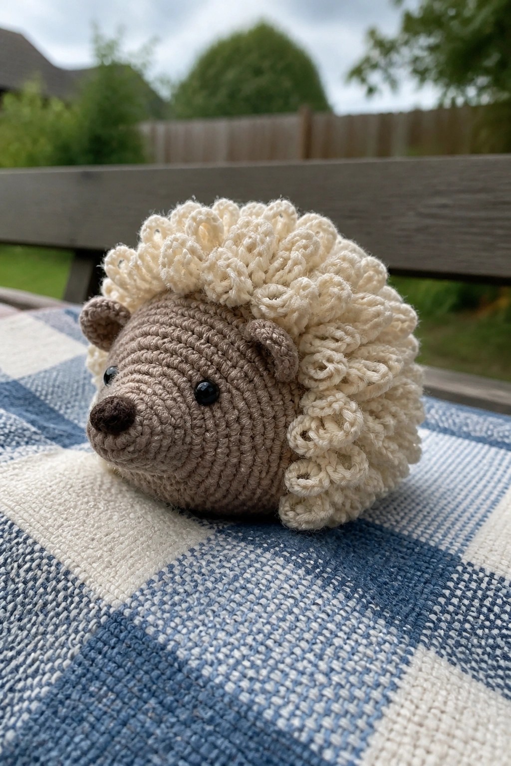 Crocheted hedgehog with beige face and white curly spines on blue checkered fabric