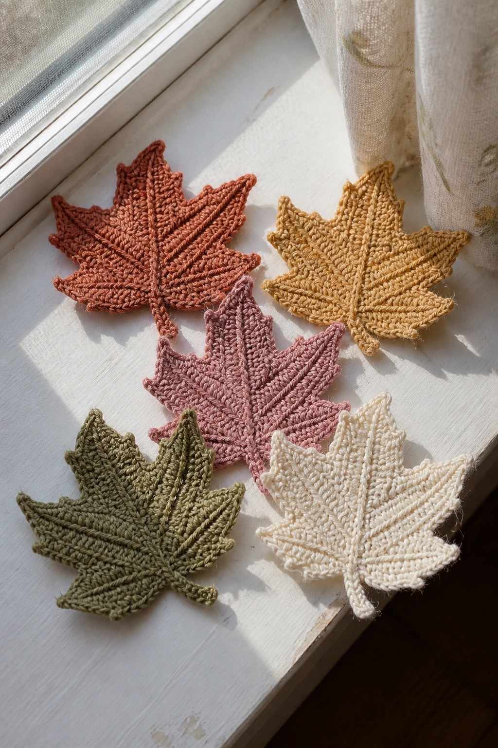 Five crocheted maple leaves in autumn colors on a sunny white windowsill.