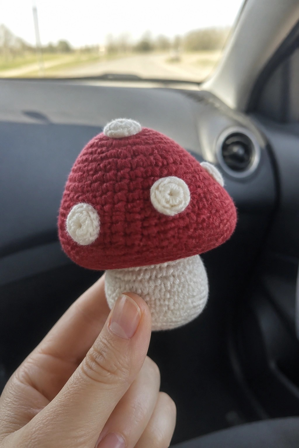 Hand holding small red crocheted mushroom with white spots inside a car