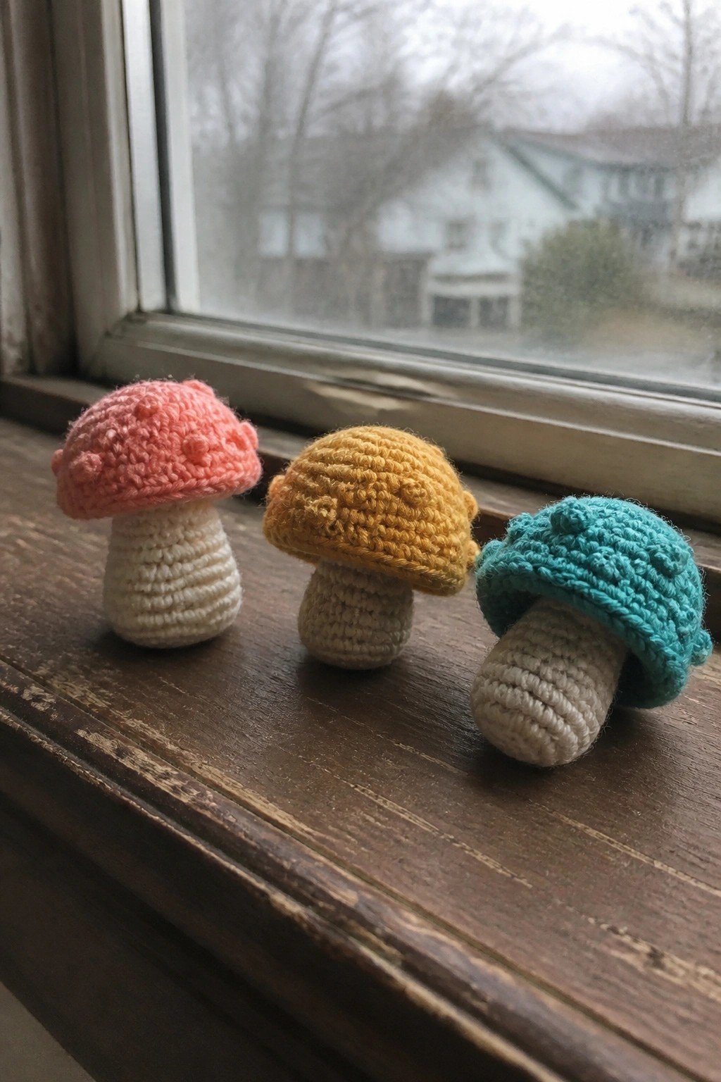 Three small crocheted mushrooms with pink, yellow, and teal caps and white stems sit on a wooden windowsill.