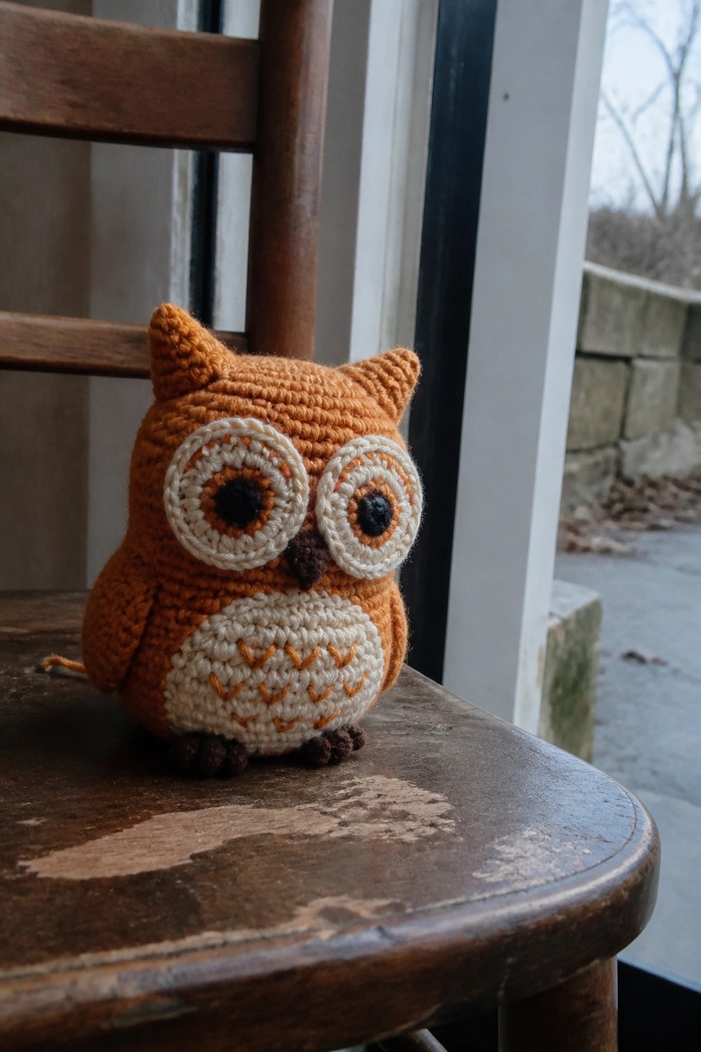 Crocheted orange owl with large eyes on a worn wooden chair seat.