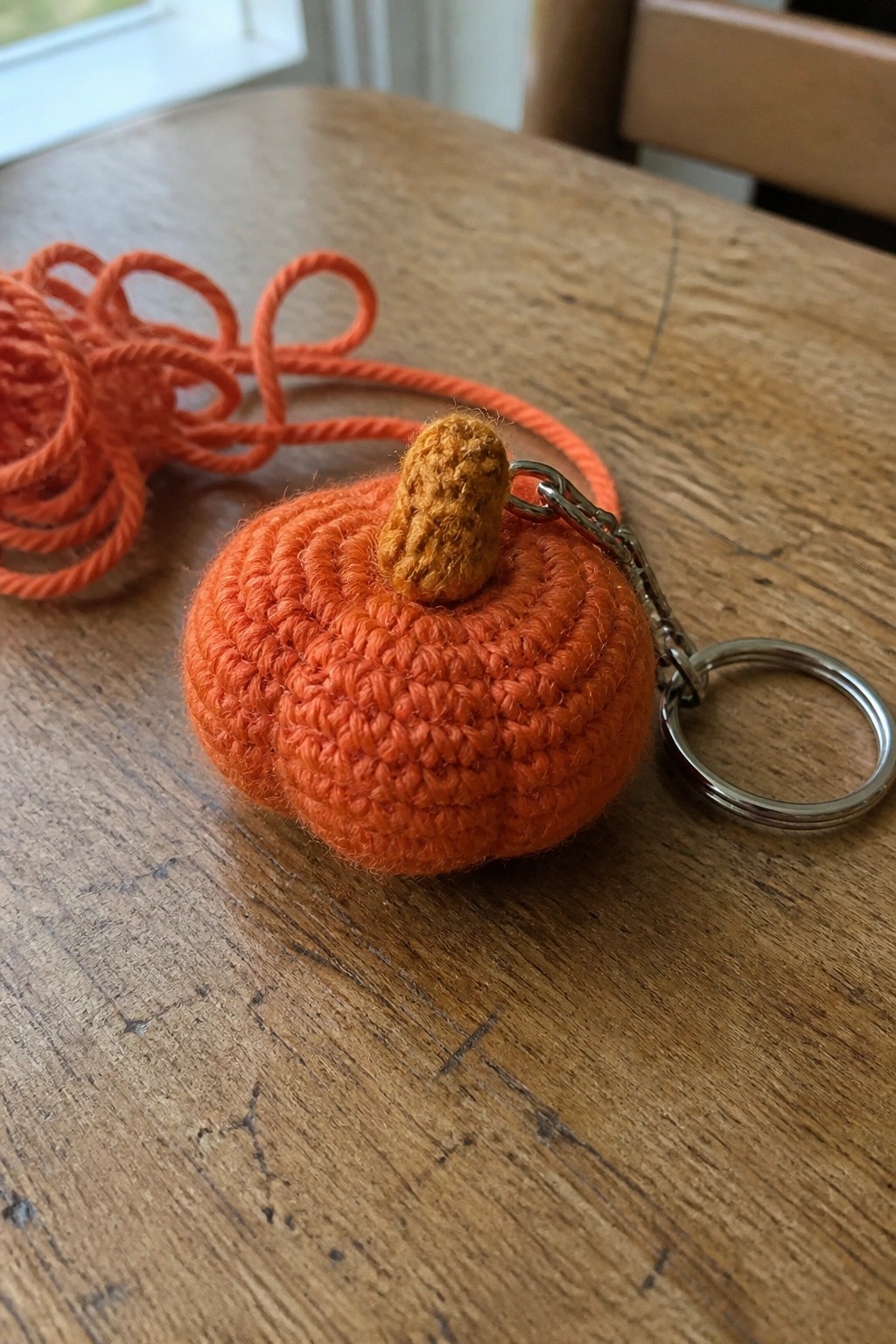 Orange crocheted pumpkin keychain with brown stem on wooden table beside yarn