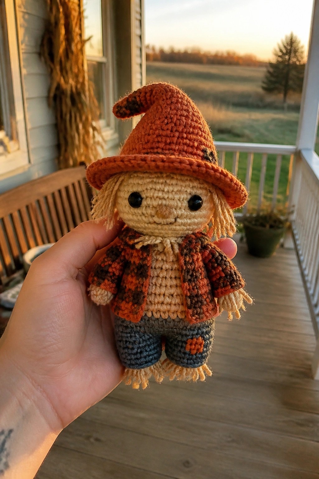 A hand holds a small crocheted scarecrow doll with an orange hat, plaid shirt, gray pants, and yarn hair on a wooden porch.