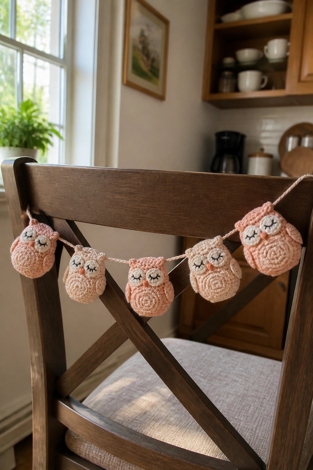 A string of pink crocheted owls hangs across the back of a wooden chair.