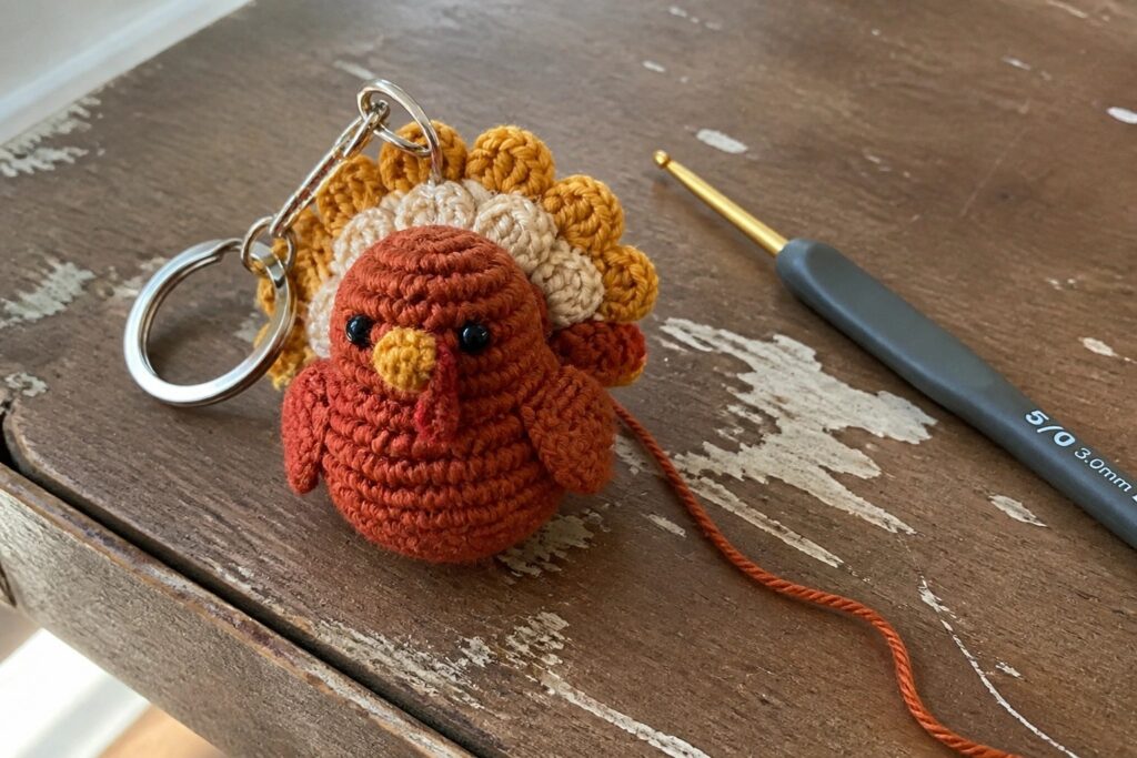 Crocheted turkey keychain with colorful feathers on wooden table beside pink hook and yarn