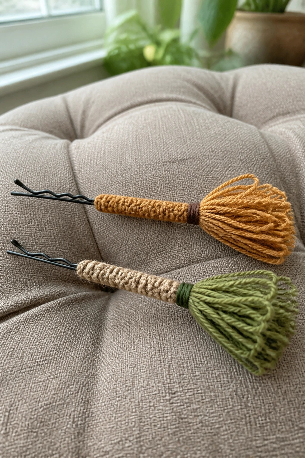 Two tasseled bobby pins with crocheted handles on tufted beige fabric.