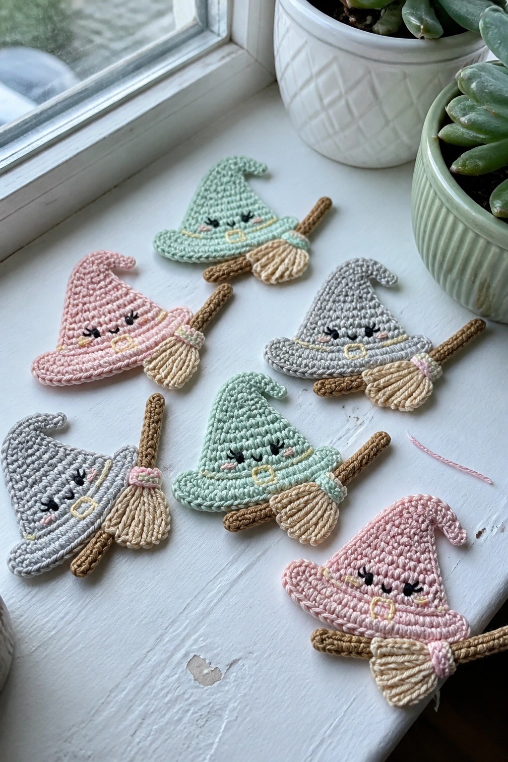 Pastel crocheted witch hats with faces and brooms on white windowsill.