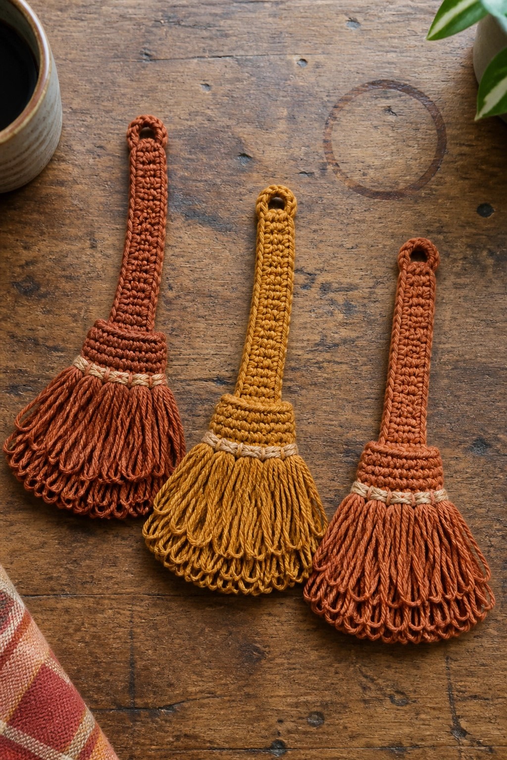 Three crocheted miniature brooms in rust and mustard colors rest on a wooden table.