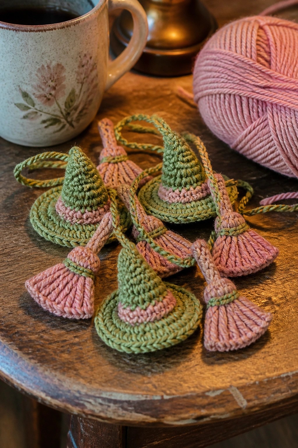 Crocheted pink and green witch hats with attached brooms laid on a wooden table beside a mug and pink yarn.