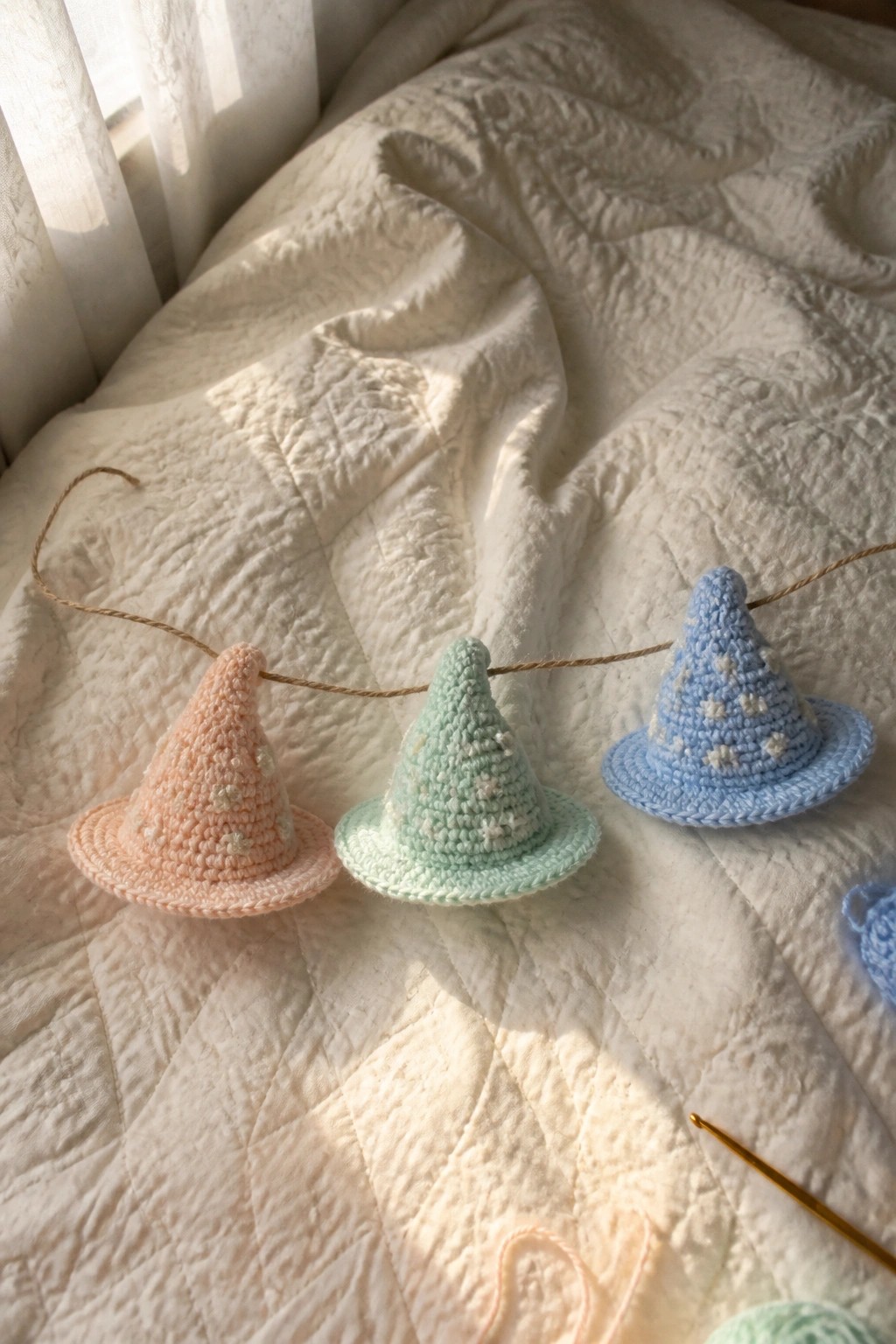Three pastel crocheted witch hats strung on twine over a white quilt.