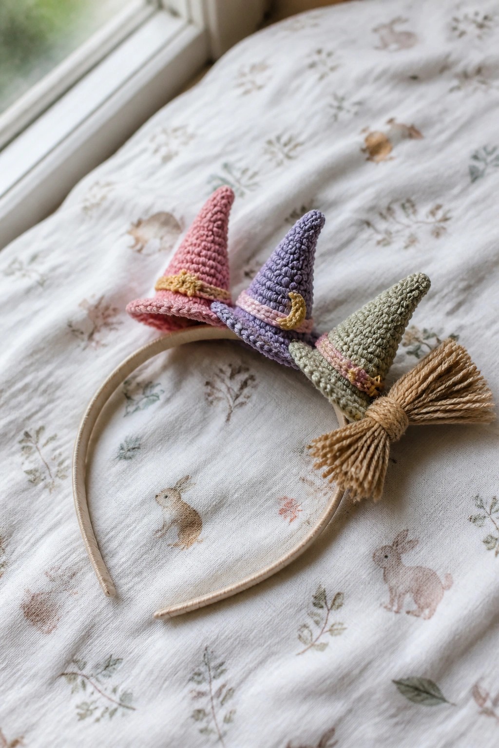 Three crocheted witch hats in pink, purple, and green on headband