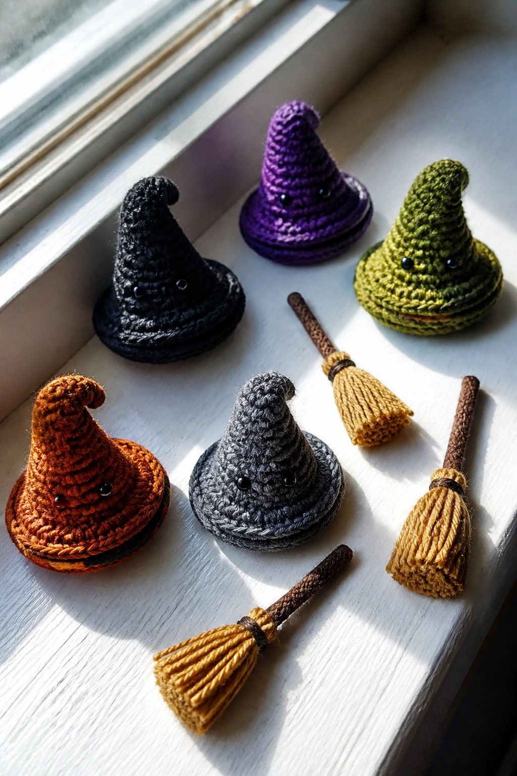 Colorful crocheted witch hats and miniature brooms on sunny white windowsill.