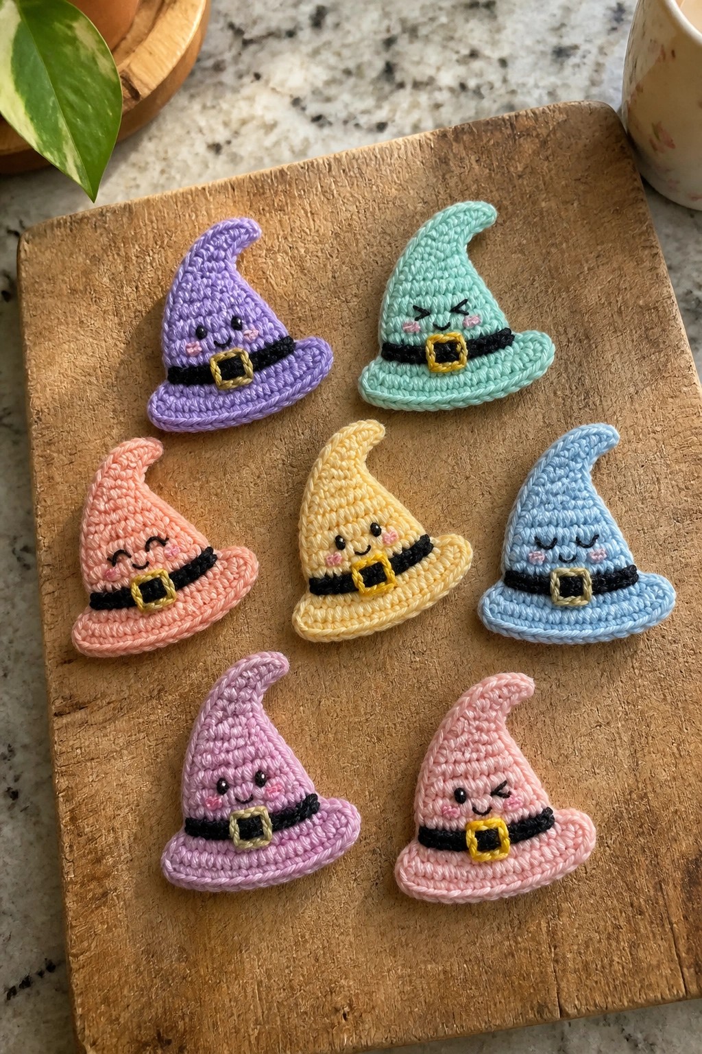 Seven small crocheted witch hats in pastel colors arranged on a wooden board.