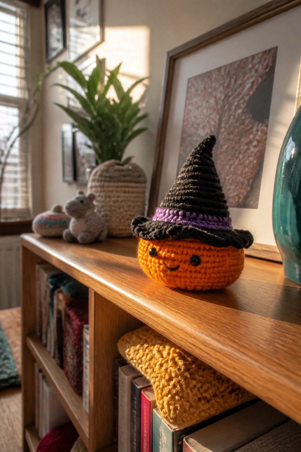 Crocheted orange pumpkin with black witch hat on sunlit wooden bookshelf.