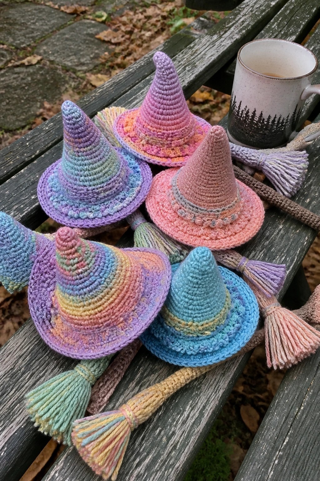 Colorful crocheted mini witch hats with tassel brooms arranged on a wooden bench beside a mug.
