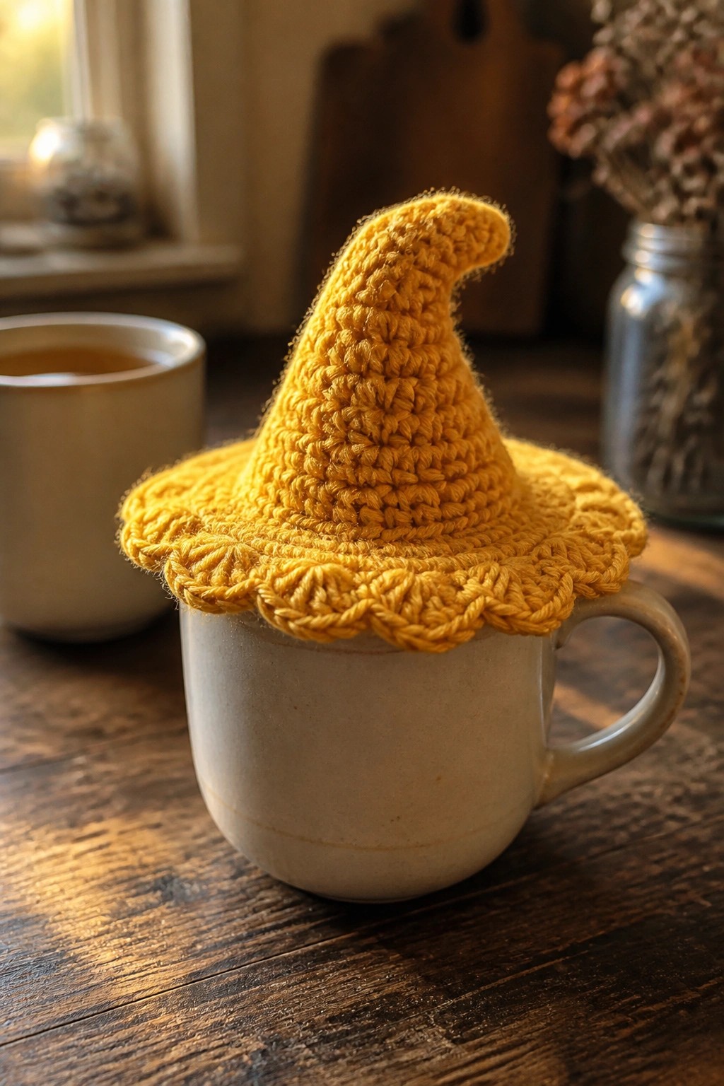 A yellow crocheted witch hat rests on a white ceramic mug on a wooden table.