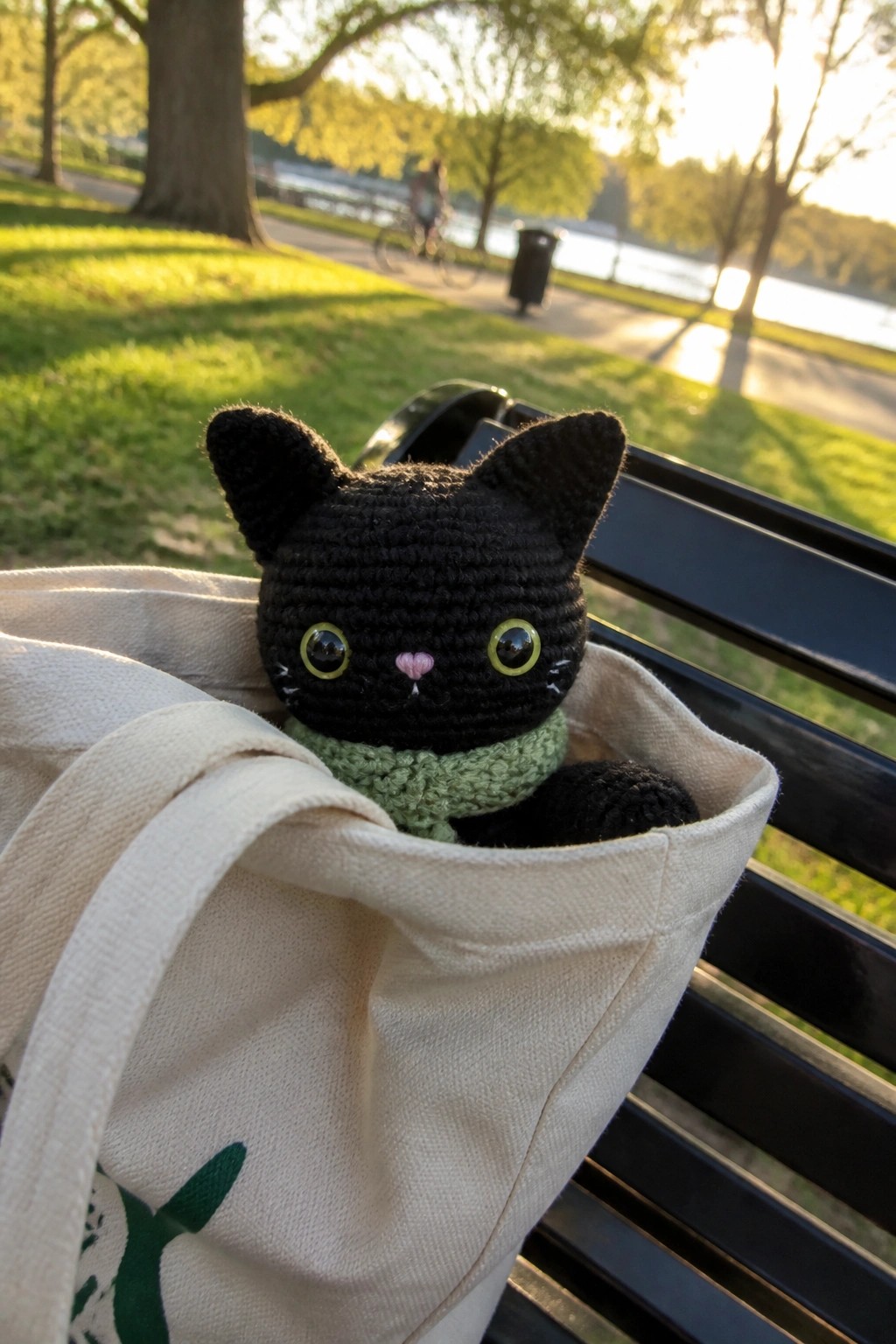 Black crocheted cat with green scarf peeks from white tote on park bench