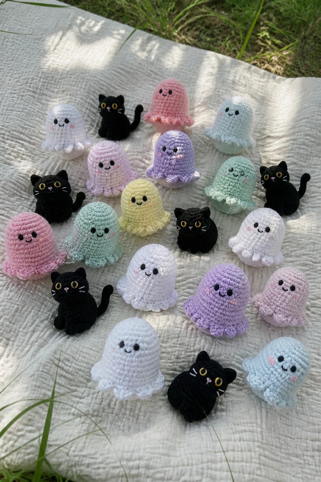 Pastel crocheted ghosts and black cats arranged on white outdoor blanket