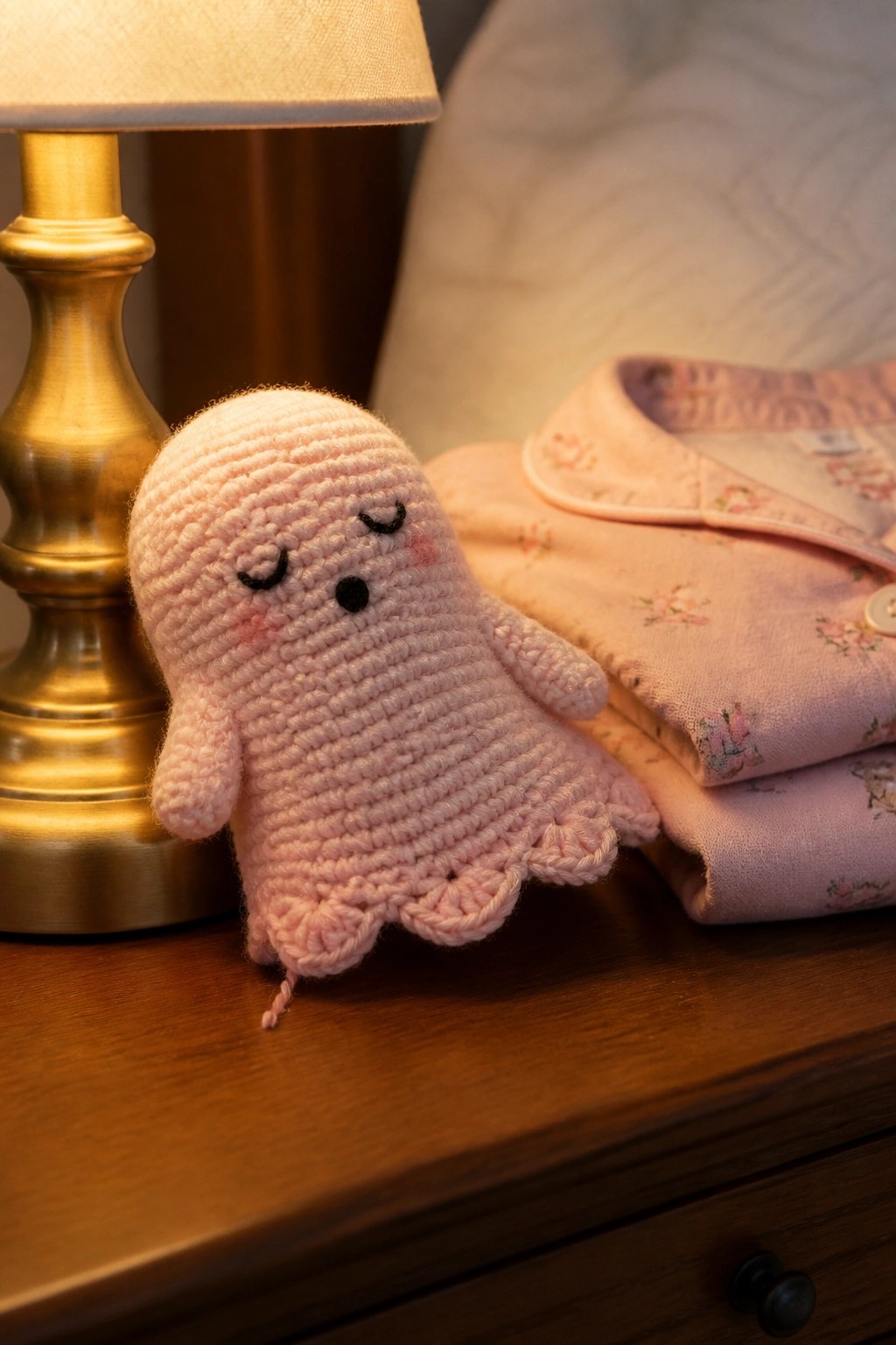 Pink crocheted ghost toy beside lit brass lamp and floral pajamas on wood.