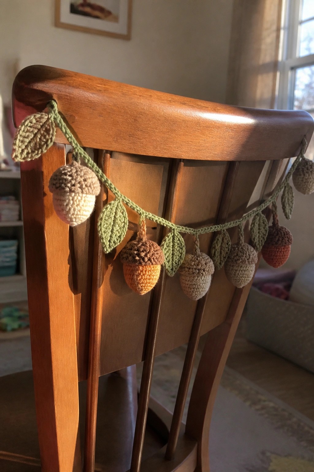 Crocheted acorn and leaf garland draped over wooden chair back