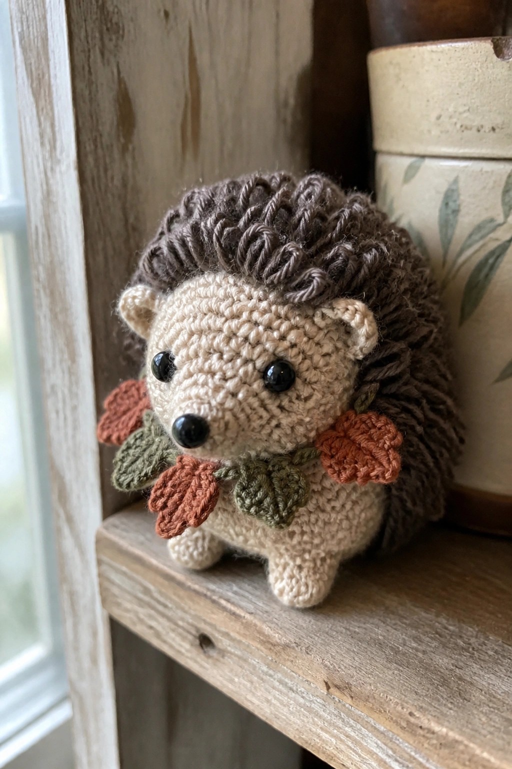 Crocheted hedgehog with brown spikes holding autumn leaves on wooden shelf
