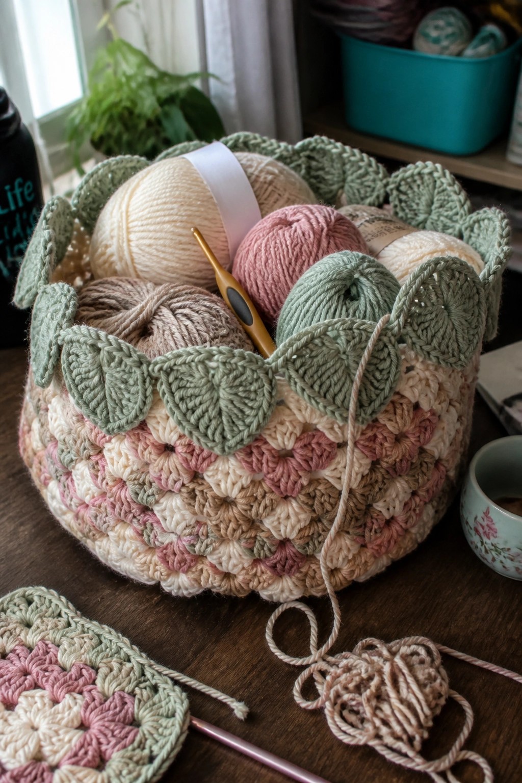Crocheted basket with scalloped edge holding pastel yarn balls and golden hook