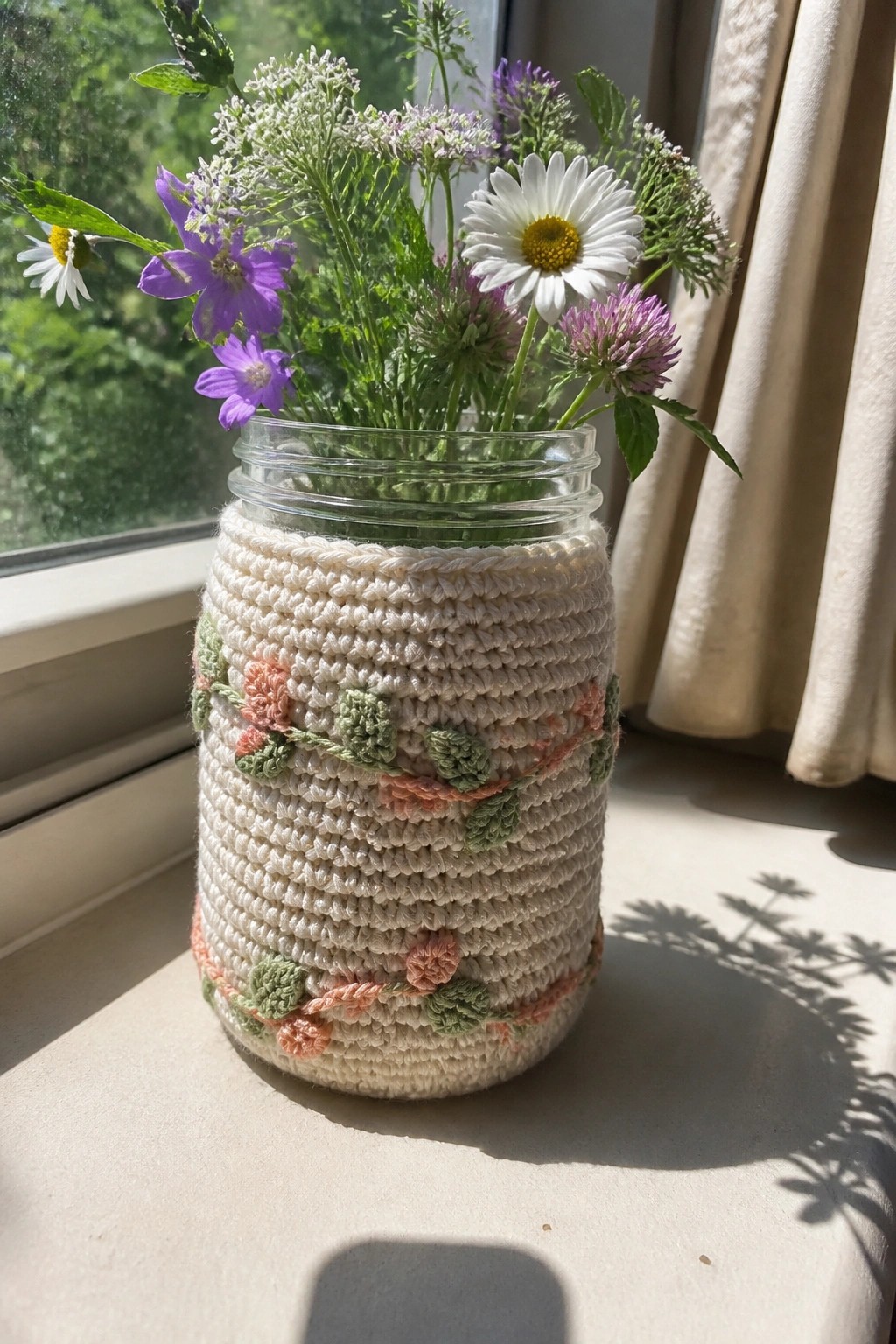 A cream crocheted cozy with a band of peach flowers and green leaves covers a glass jar holding flowers on a windowsill.