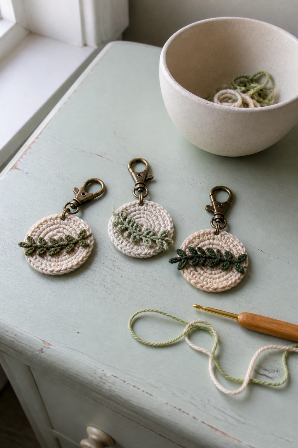 Three crocheted keychains with green leaf designs on a mint-green table.