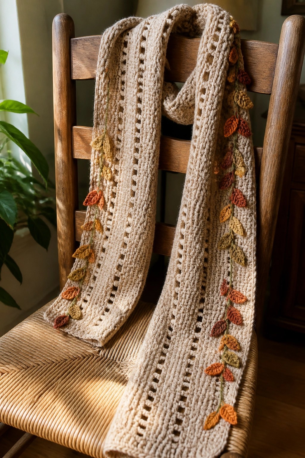 A beige crocheted scarf with rows of small multicolored crocheted leaves attached along both sides, draped over a wooden chair.
