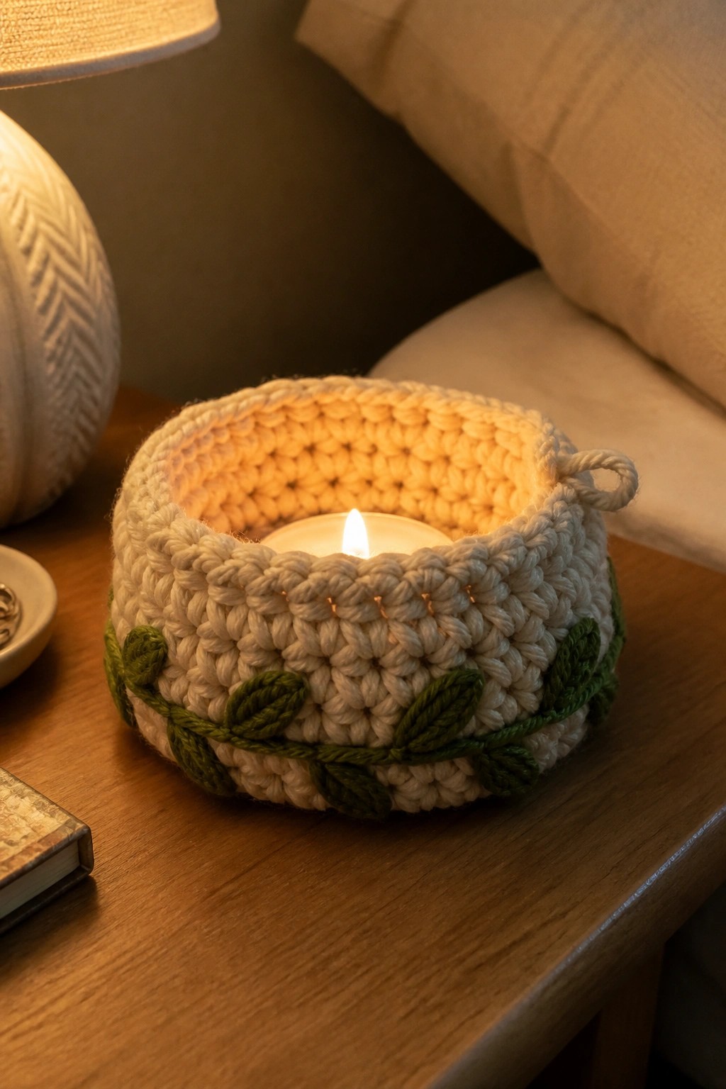 Lit candle in cream crocheted holder with green leaves on wooden table