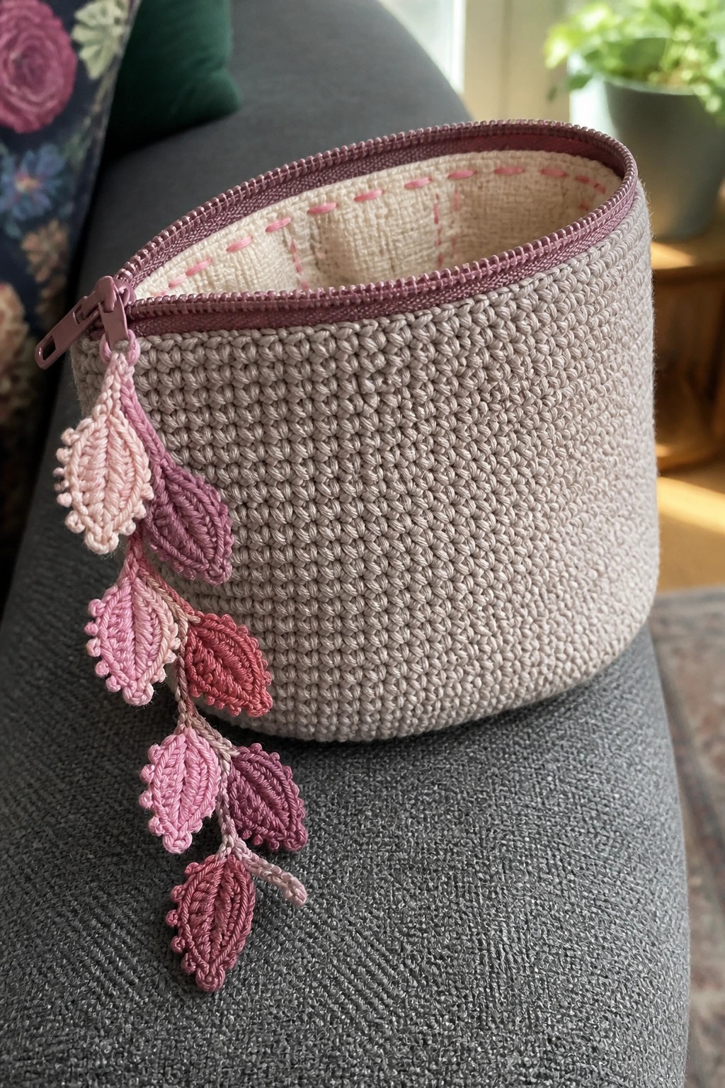 Beige crocheted zippered pouch with pink lining and dangling leaf charm on gray fabric.