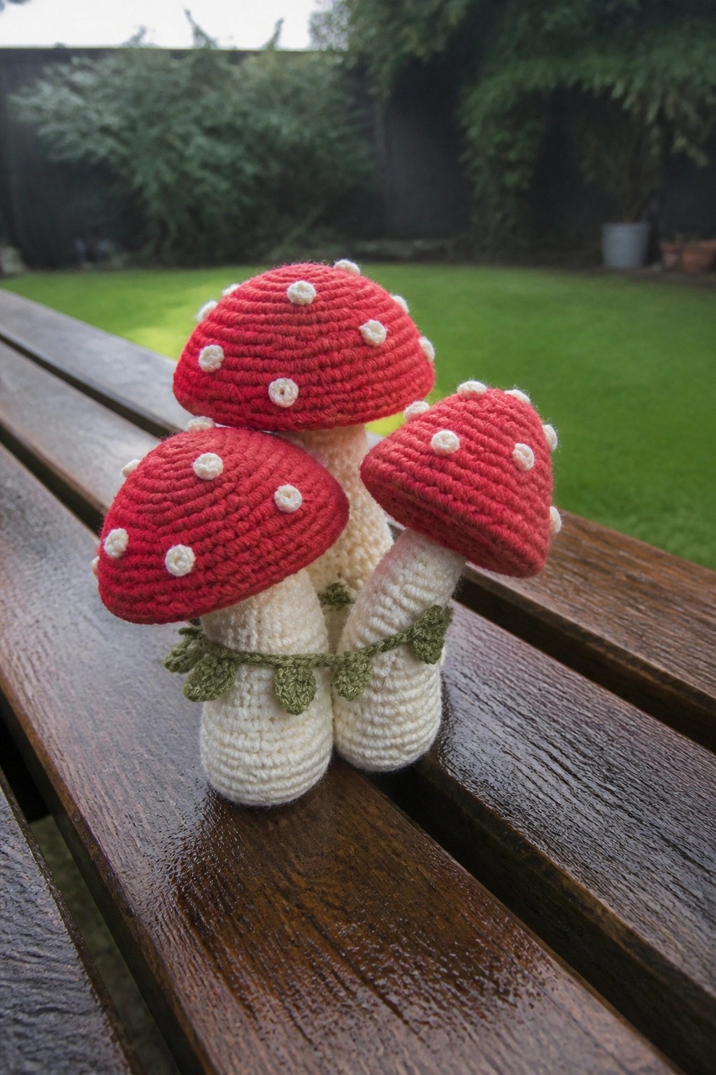 Three crocheted red mushrooms with white spots and green vine on wooden bench