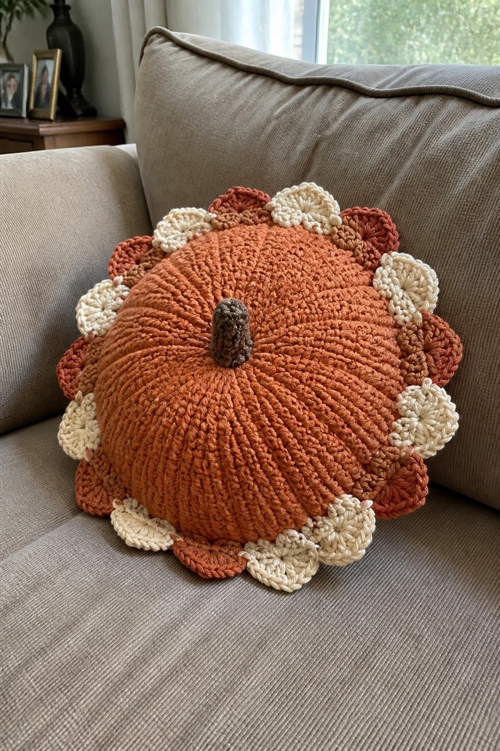 Crocheted orange pumpkin pillow with brown stem and multicolored scalloped border on couch