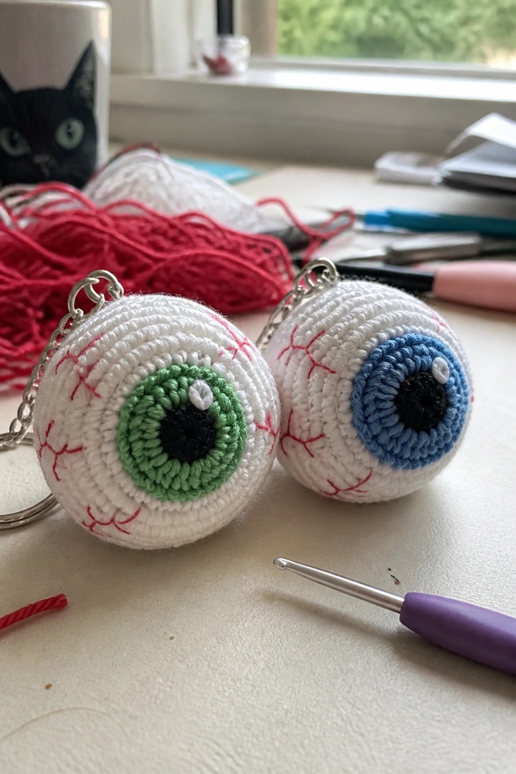 Two crocheted eyeball keychains with green and blue irises rest on a table with red yarn and a crochet hook nearby.