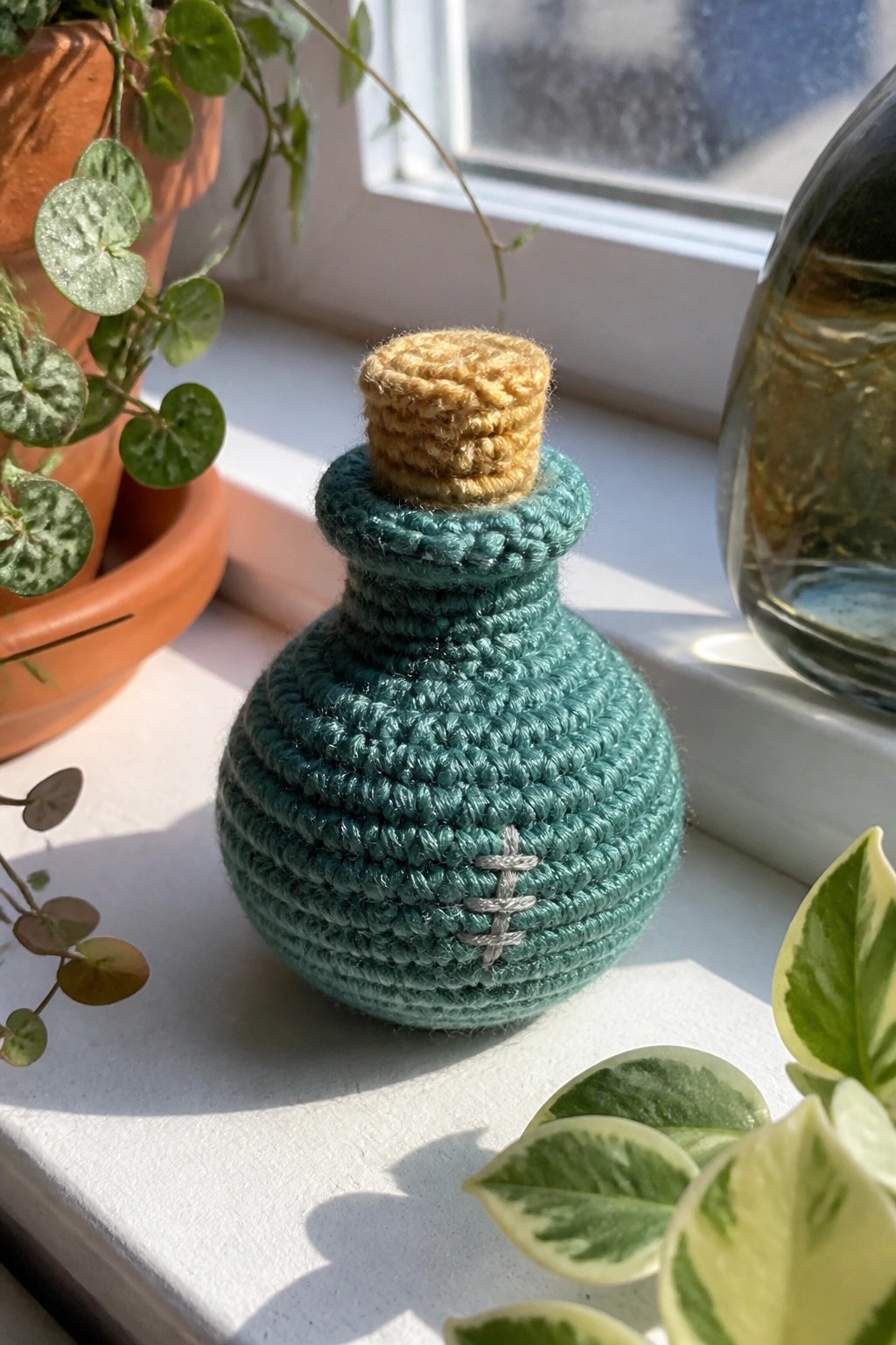 Crocheted teal bottle with beige stopper on sunny windowsill among houseplants