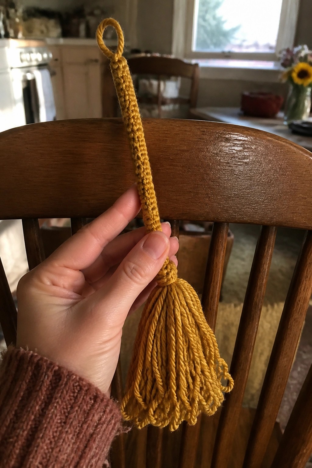 Hand in rose sweater holding golden-yellow crocheted tassel with loop and fringe