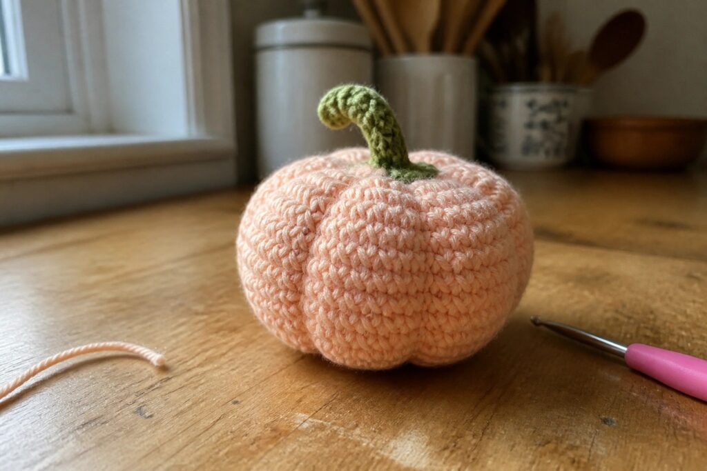 24 Easy Halloween Crochet Ideas Using Basic Stitches for Beginners Crocheted peach pumpkin with green stem and crochet hook on wooden table