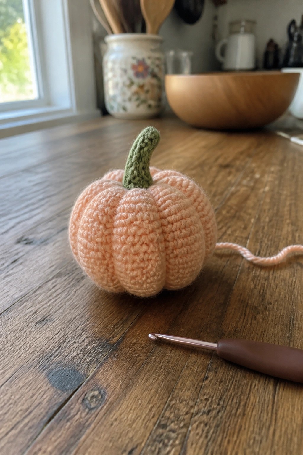 Crocheted peach pumpkin with green stem and crochet hook on wooden table