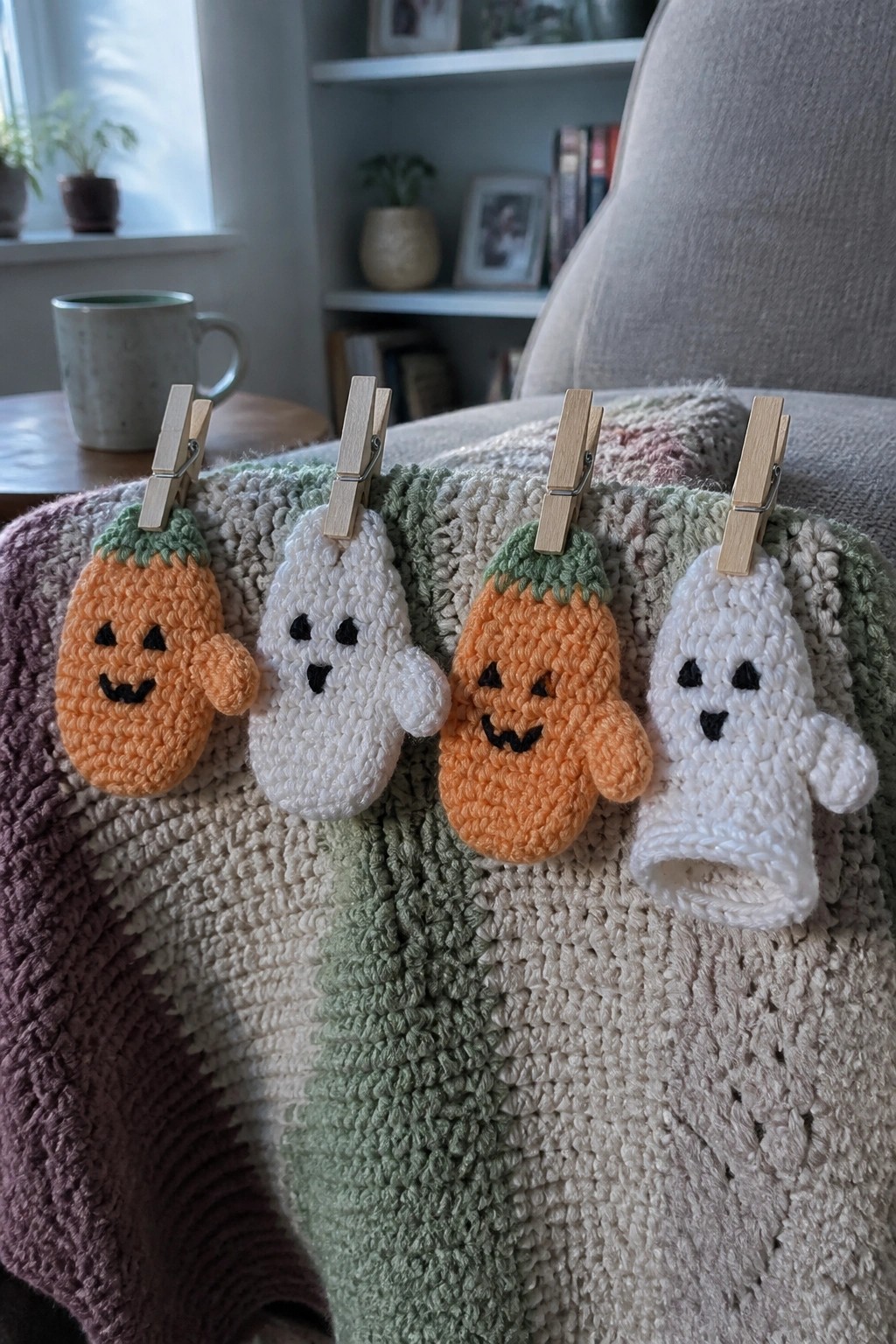 Four crocheted pumpkin and ghost mittens clipped to a striped knit blanket.