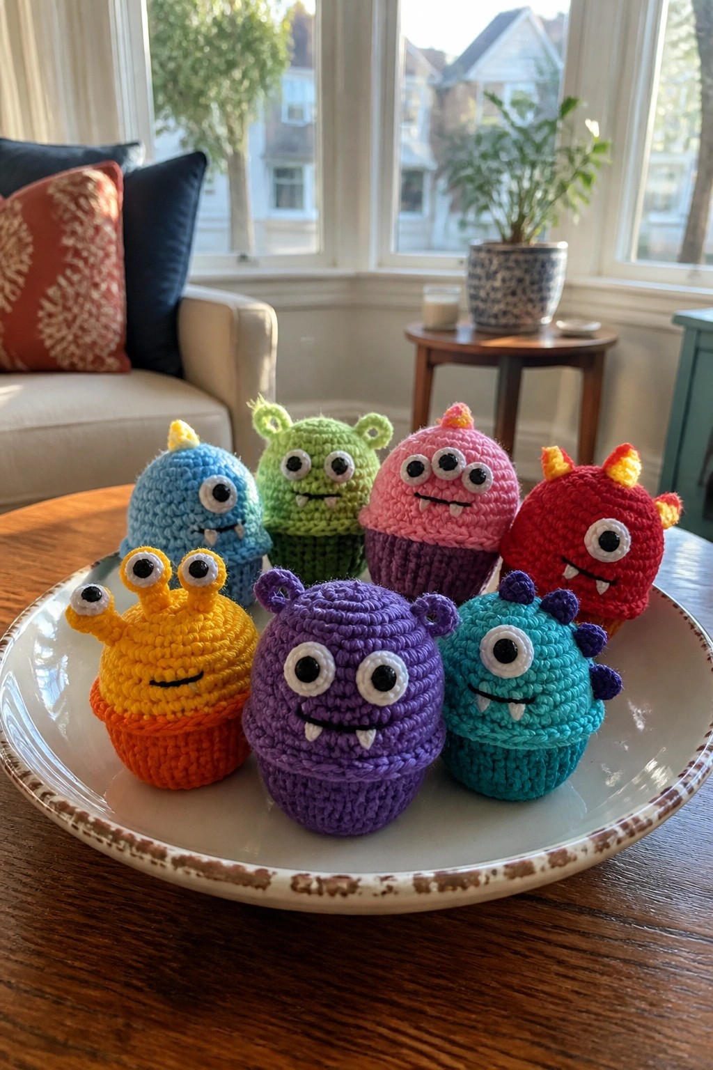Seven colorful crocheted monsters arranged on a white plate atop wooden table
