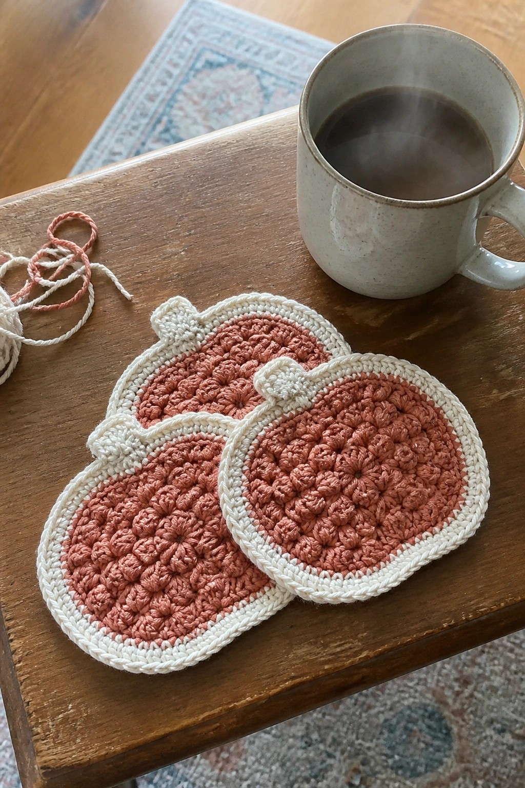 Two crocheted pumpkin coasters in pink and white beside steaming coffee mug on wood table