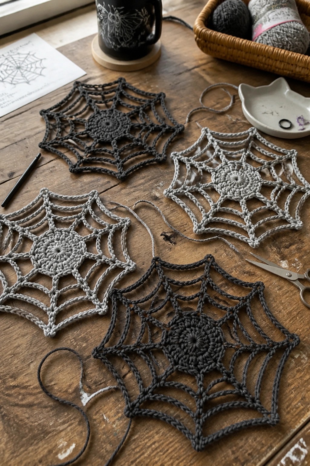 Four crocheted spider web motifs in black and gray yarn on a wooden table with crochet tools and yarn nearby.