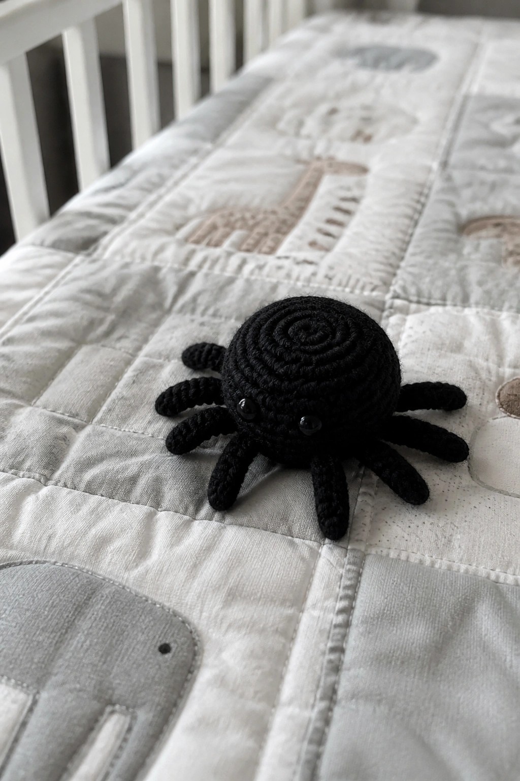 Black crocheted spider toy on white quilted blanket with animal patterns.