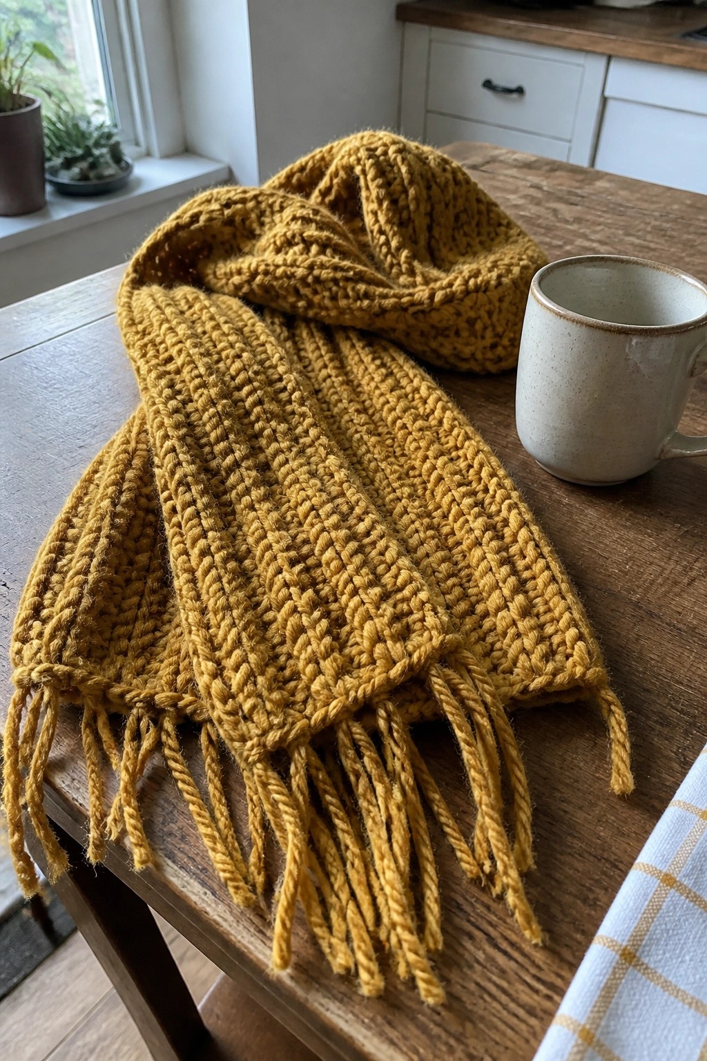Chunky mustard-yellow knitted scarf with fringes on wooden table beside ceramic mug