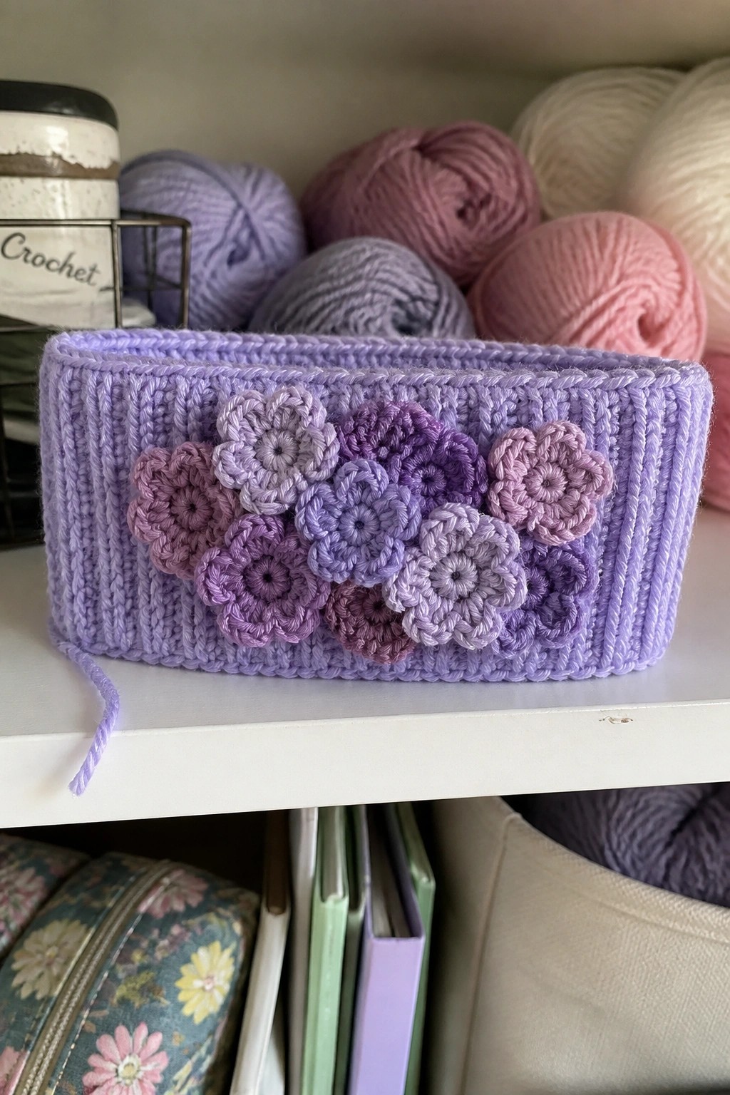 Purple crocheted basket with floral appliques on shelf amid yarn balls