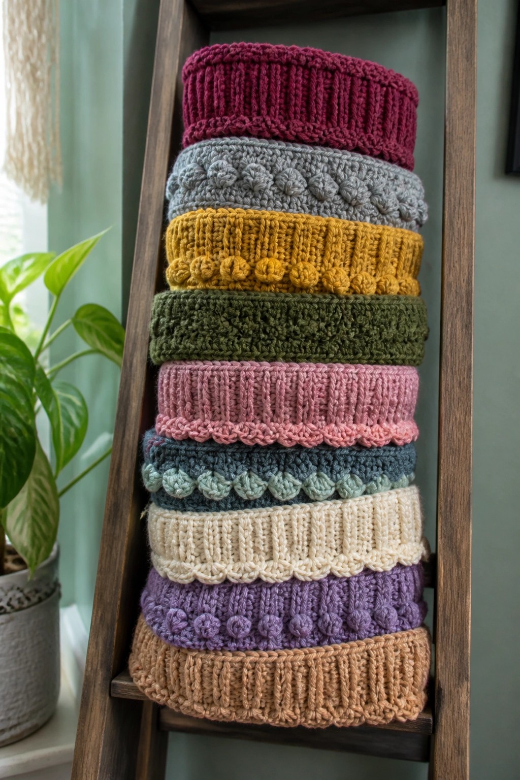 Colorful patterned knitted hats stacked on a wooden ladder shelf.