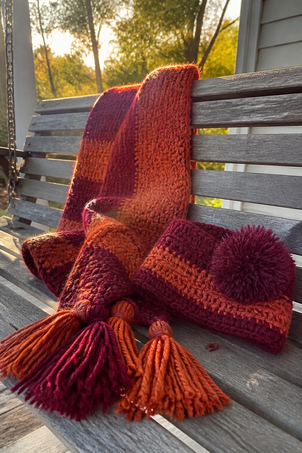 Striped red-orange knit scarf with tassels and pom-pom hat on wooden bench