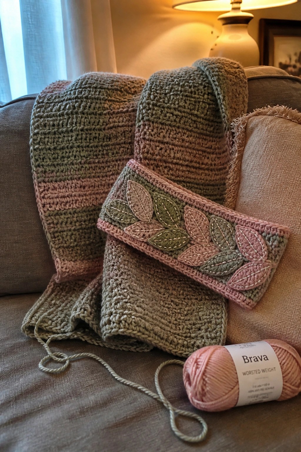 Crocheted scarves in green and pink with leaf design beside pink yarn on couch
