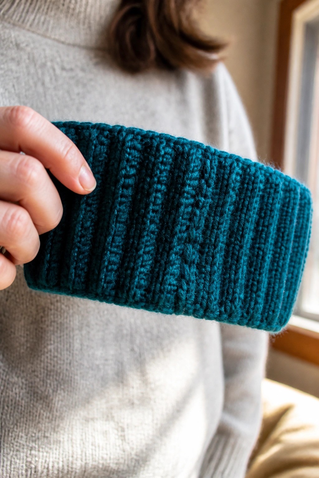 Hand holding a deep teal cable-knit cuff with ribbed texture.