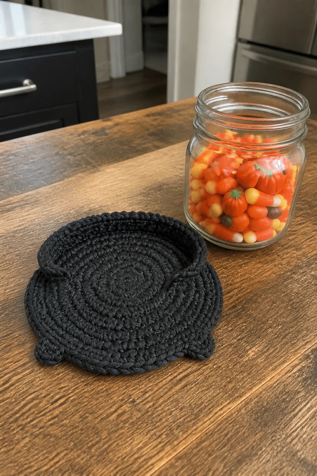 Black crocheted coaster beside jar of Halloween candy corn on wooden table
